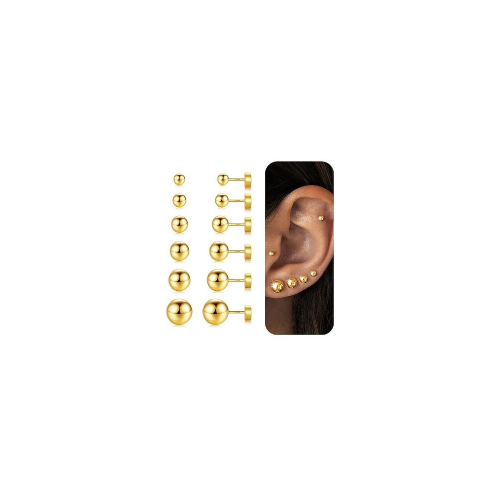6 Pairs 14K-Gold-Plated Ball Flat Back Stud Earrings for Women, Dainty
